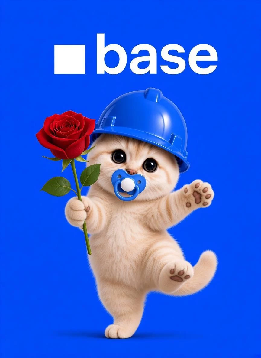 Baby BaseCat dancing while holding a red rose.