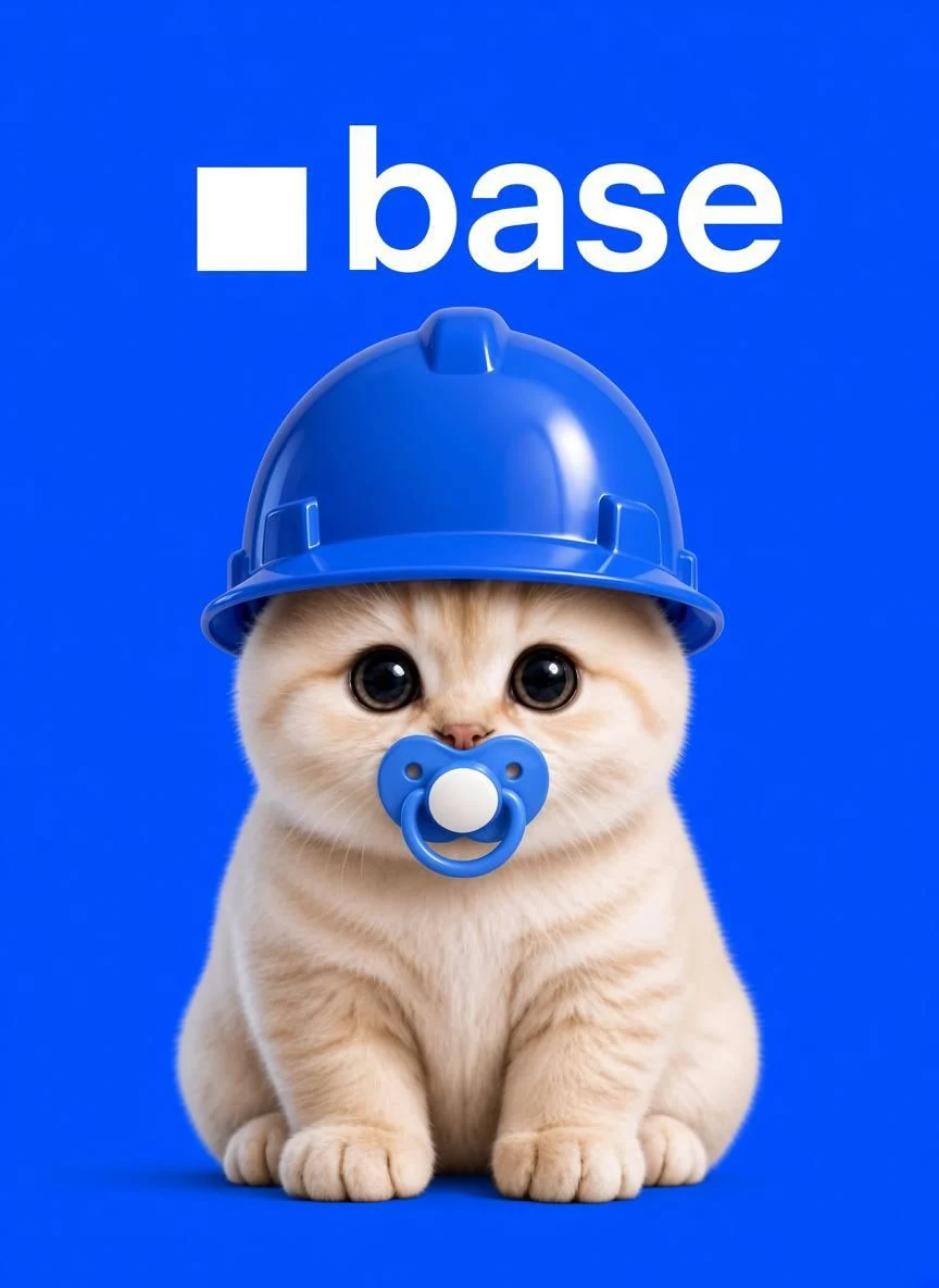 Baby BaseCat sitting in a blue hard hat with a pacifier.
